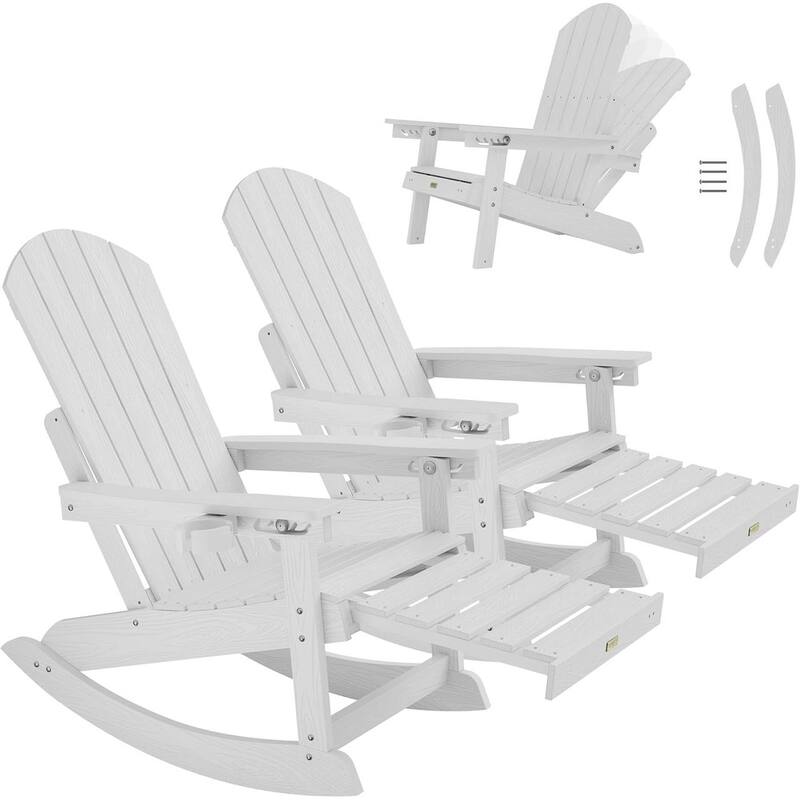 WINSOON HIPS Outdoor Rocking Chair with Adjustable Backrest and Retractable Ottoman-Set of 2 - White