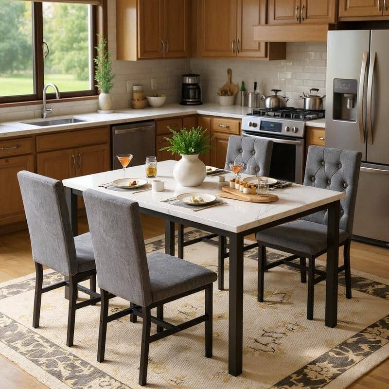 Grondin 5-Piece Dininng Room Table Set with 4 Upholstered Dining Chairs, Faux Marble Top And Metal Frame Dining Table Set Of 5