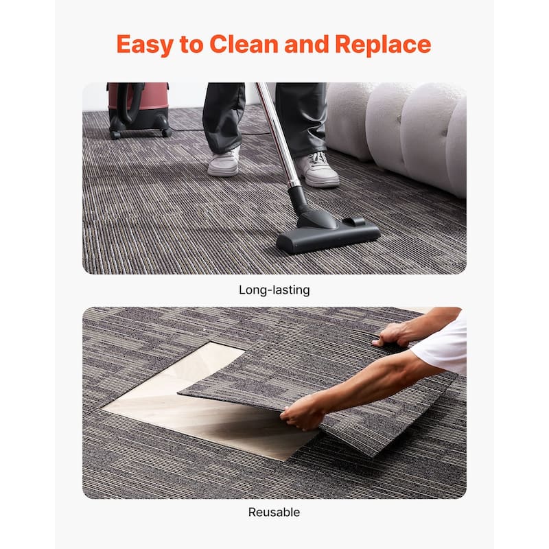 Carpet Tiles Set with Adhesive Stickers Non-Slip Replaceable Floor Squares for Home Office 96 sq ft Coverage