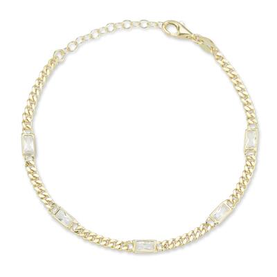 Soleil Sterling Silver Baguette CZ Station Curb Chain Bracelet