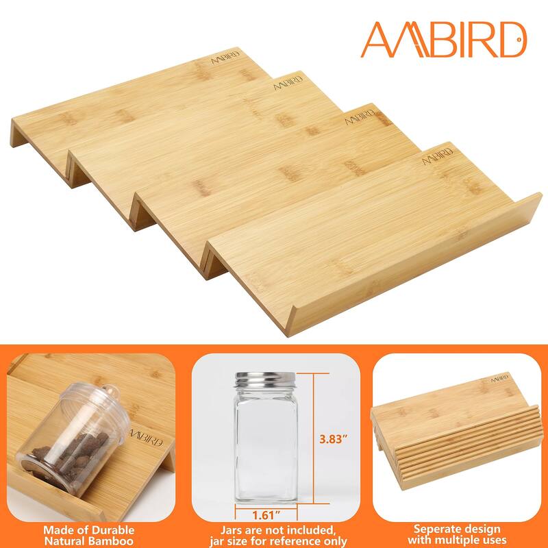Bamboo Spice Drawer Organizer with Non-slip Mat,4 Tier 2 Set Jar Spice Rack Tray From 12"to24",Hold up 48 Jars Seasoning