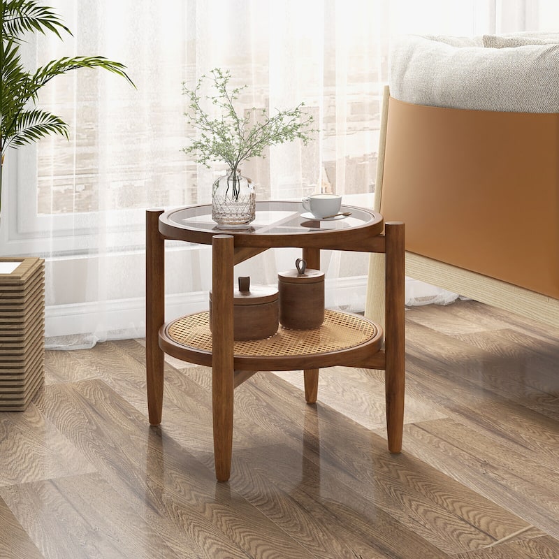 Gymax 2-Tier Round Side End Table PE Rattan Sofa Nightstand Tempered