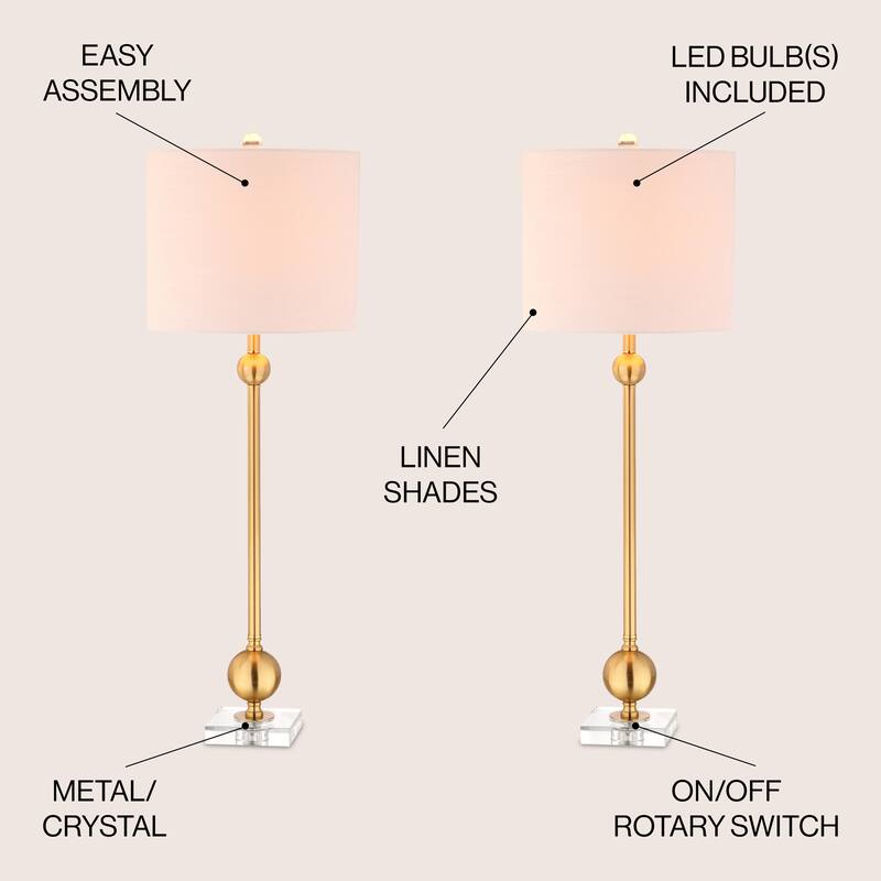 Aria 34" Metal LED Table Lamp, Brass with Crystal Base (Set of 2) by JONATHAN Y