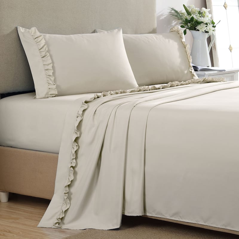 Home Essential Luxurious Silky Ruffle Hem Microfiber Bedding Sheet Set - Twin - Taupe