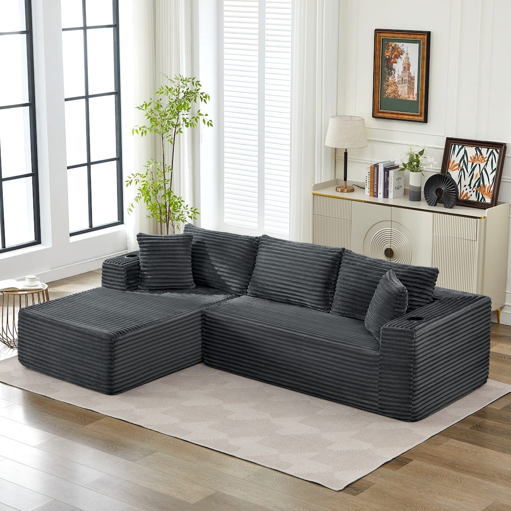 Upholstered L-Shaped Sectional Sofa Couch Chaise with Cupholders, No Assembly Required