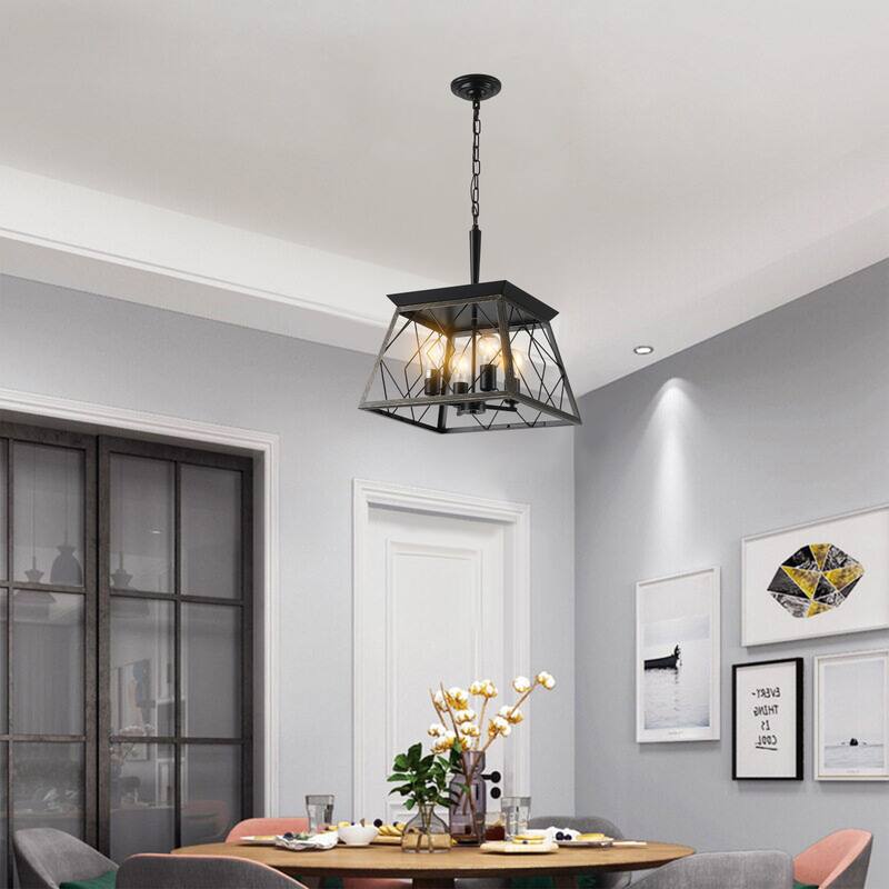 16" 4-Light Black Gold Industrial Pendant - Metal Cage - Adjustable(No Bulbs)