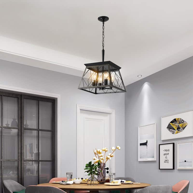 16" Black Gold Industrial 4-Light Pendant Chandelier, Modern Metal Cage Design, Adjustable Hanging Light(No Bulbs)