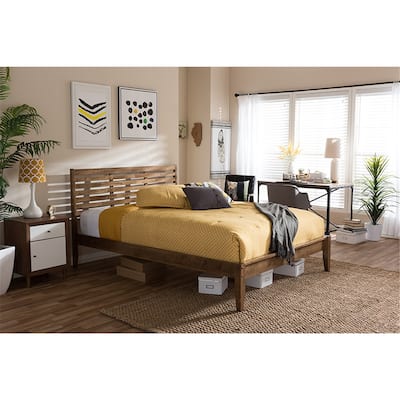 Modern Queen Size Platform Bed - Solid Wood Slatted Design, Low Profile, Walnut Finish, Bedroom Furniture
