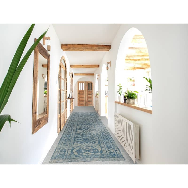Hand Knotted Oriental 100% Wool Carpet Transitional All-Over Navy Blue & Blues Oushak Runner Rug - 17' 4'' X 3' 2''