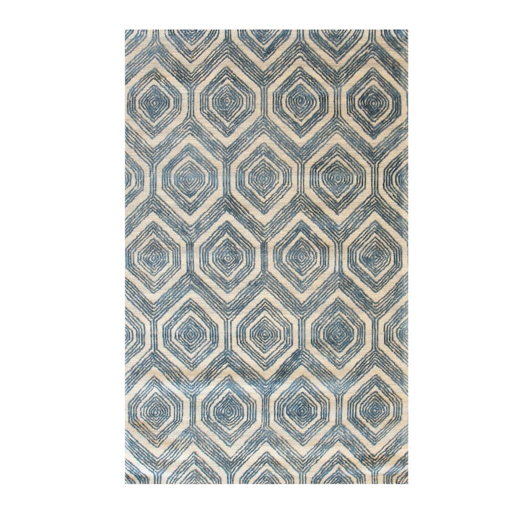 Hand-Tufted Modern Geometric Blue and Ivory Wool Viscose Rug, 7 x 9 - Elegant geometric accent rug with plush pile. - N/A