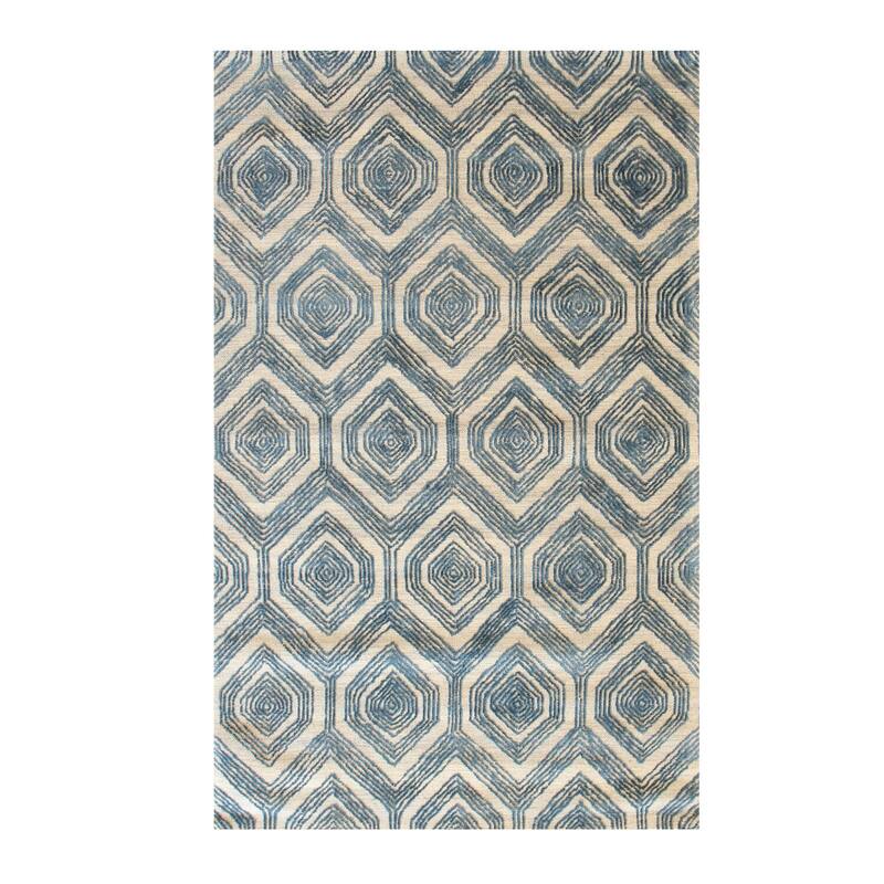 Hand-Tufted Modern Geometric Blue and Ivory Wool Viscose Rug, 7 x 9 - Elegant geometric accent rug with plush pile. - N/A