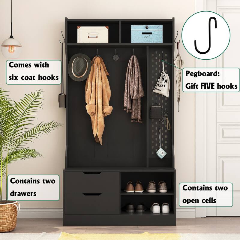 Entrance Coat Rack Bench Indoor Bench with Drawers and Open Shelves, Hallway Decorative Bench with Cabinets and Hooks