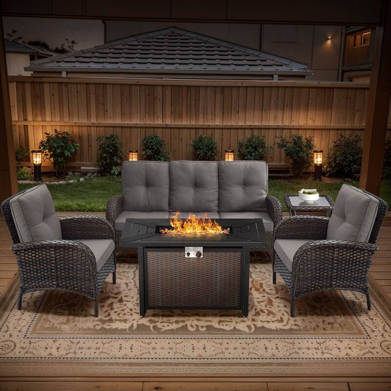 Gymojoy Outdoor Fire Pit Conversation Set, 3-Seat Sofa & Chairs Patio Furniture Set - 5-Piece included Club Chairs - Grey