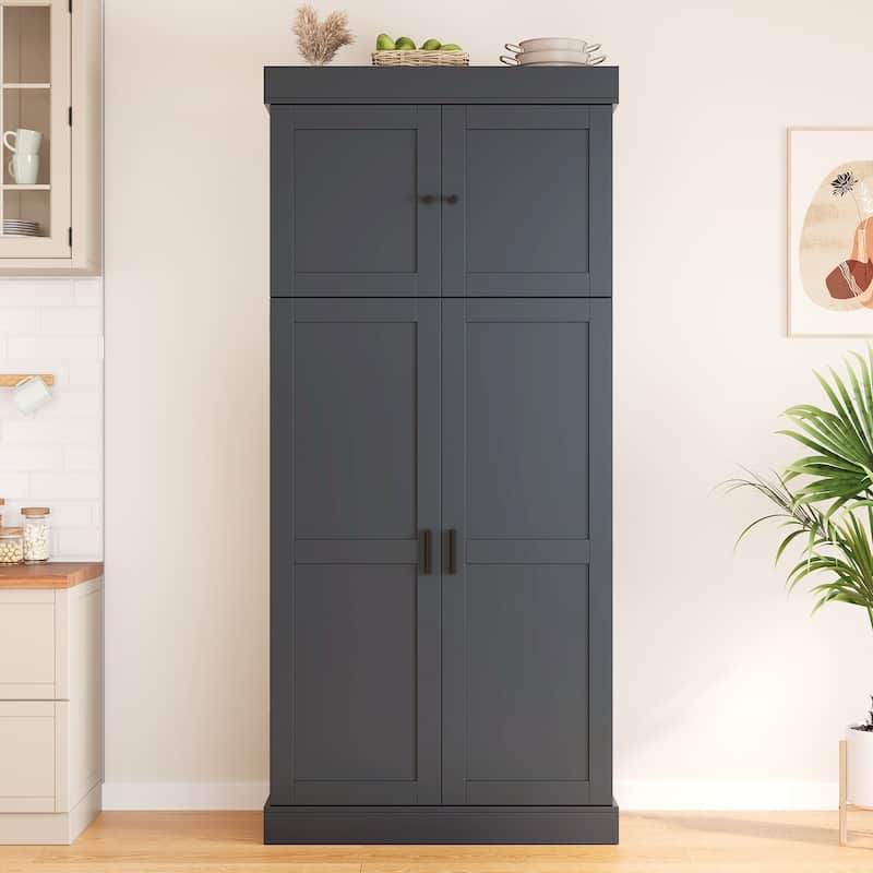 77" Tall Modern Shaker Kitchen Pantry with Wine Rack, Freestanding Storage Cabinet with Drawers & Door Shelves