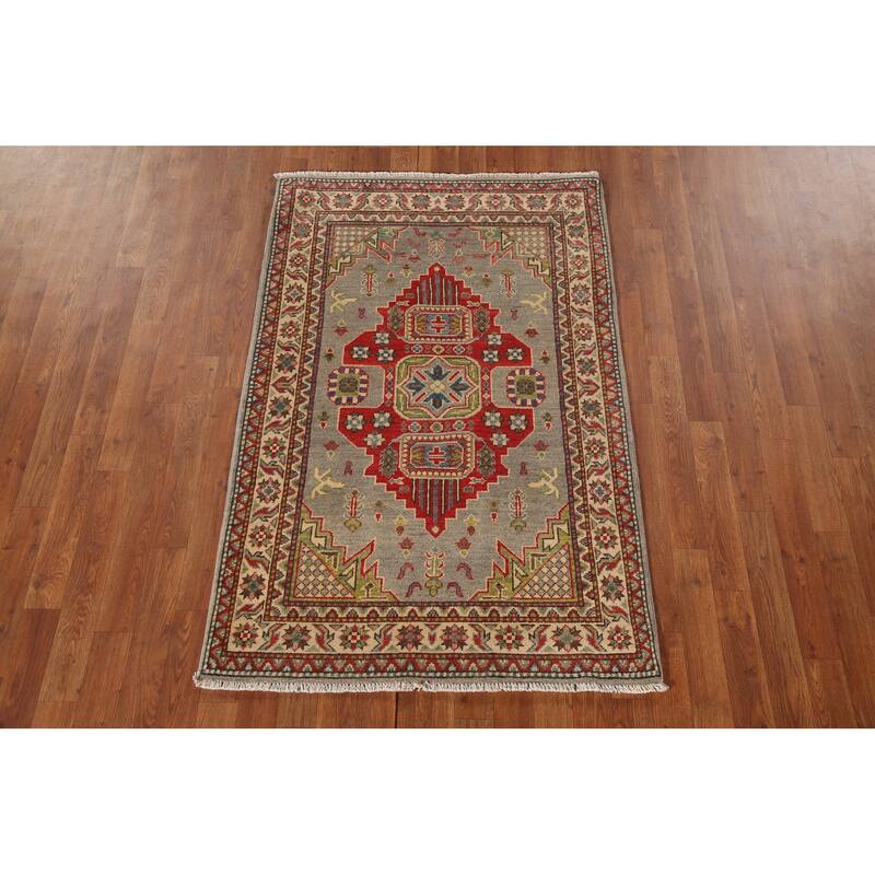 Kazak Oriental Accent Rug Hand-Knotted Grey Wool Carpet - 3'2"x 5'0"