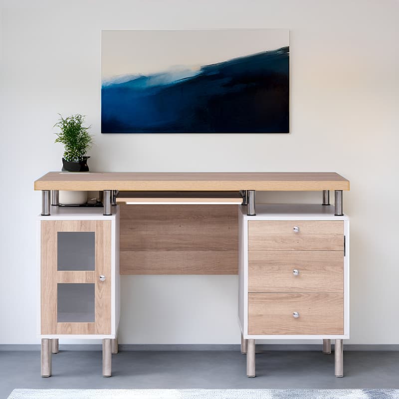 3-Drawer Filing Cabinet, Two-Tone Office Desk Power Outlets & USB Ports – Includes 3 Drawers and 1 Storage Cabinet