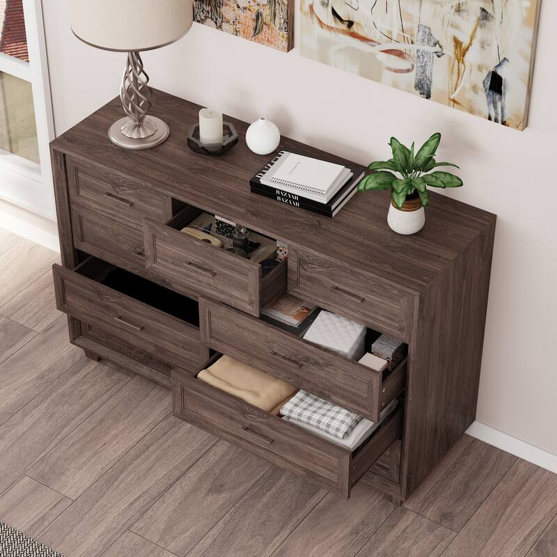 Modern 9-Drawer Dresser with Solid Wood Legs, Vintage Brown and White Wood Grain Options, Bedroom Storage Chest