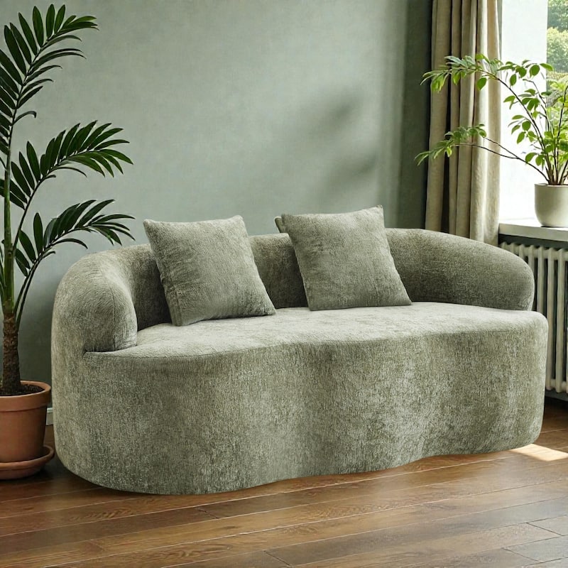 Curved Loveseat Sofa with Round Armrests, Compression Couch with 2 Pillows, Cream No Assembly Sofa