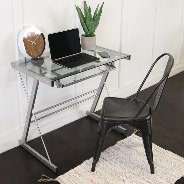 Metal and Glass Silver Computer Desk with Keyboard Tray. Opens flyout.