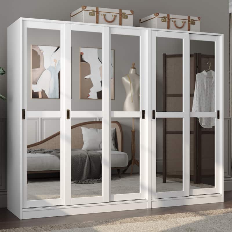Palace Imports 100% Solid Wood Wall Closet System of Wardrobe Armoires with Mirrored, Louvered or Raised Panel Sliding Doors