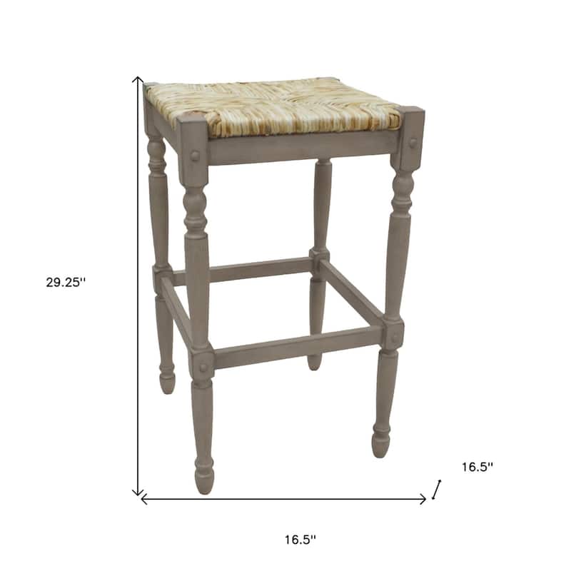 Solid Wood Rush Seat Backless Counter Height Stool with Footrest