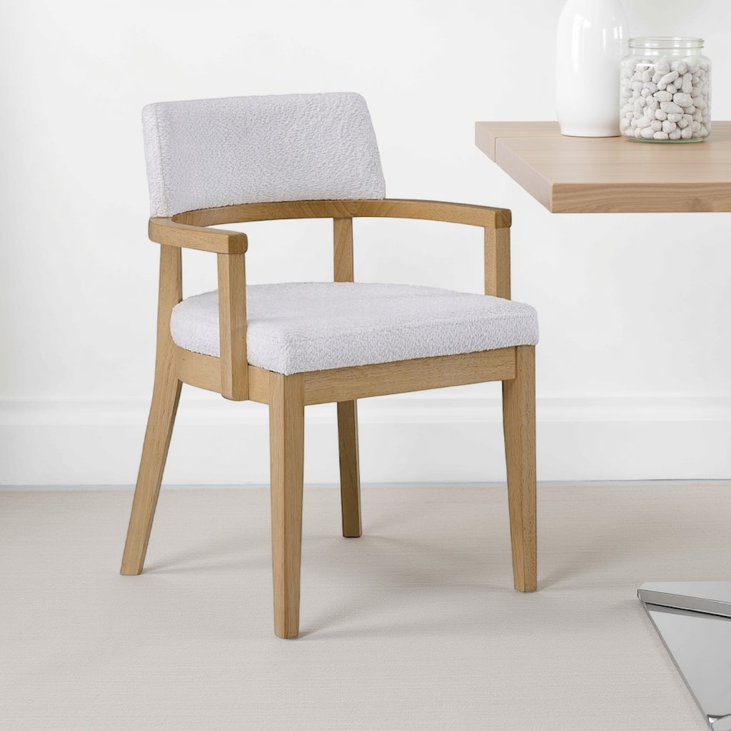 Semi Dining Armchair Set of 2, Curved Cutout Back, White Fabric, Brown