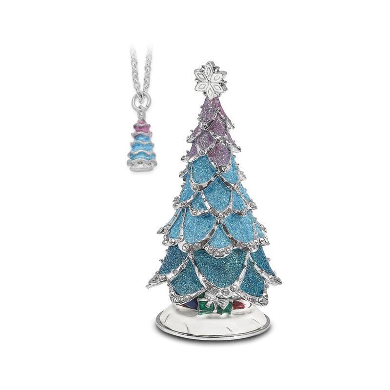 Curata Pewter Crystals Silver-Tone Enameled Arctic Blue Christmas Tree Trinket Box on 18 Inch Necklace