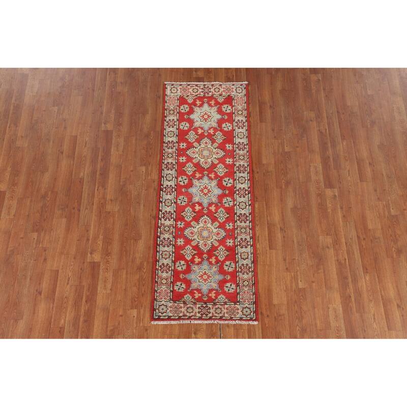 Geometric Red Kazak Runner Rug Handmade Wool Carpet - 2'2" x 5'11"