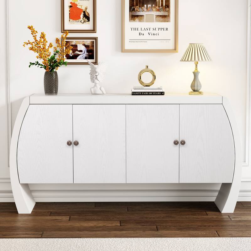 59" Vintage Console Table with Brass Handles - White