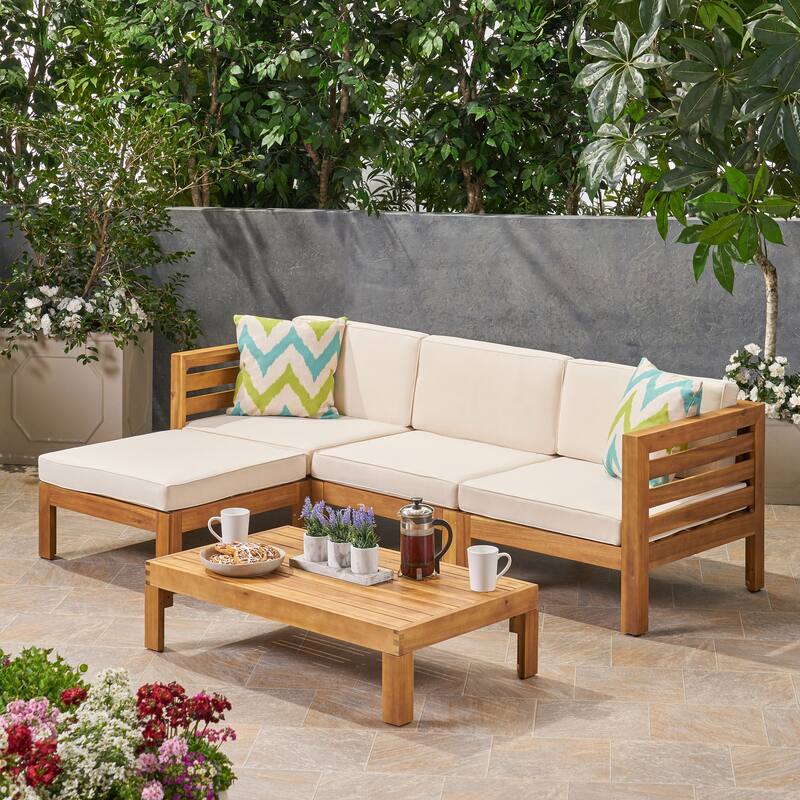 Outdoor Sectional L Shape Corner Sofa with Coffee Table, Acacia Wood - Beige