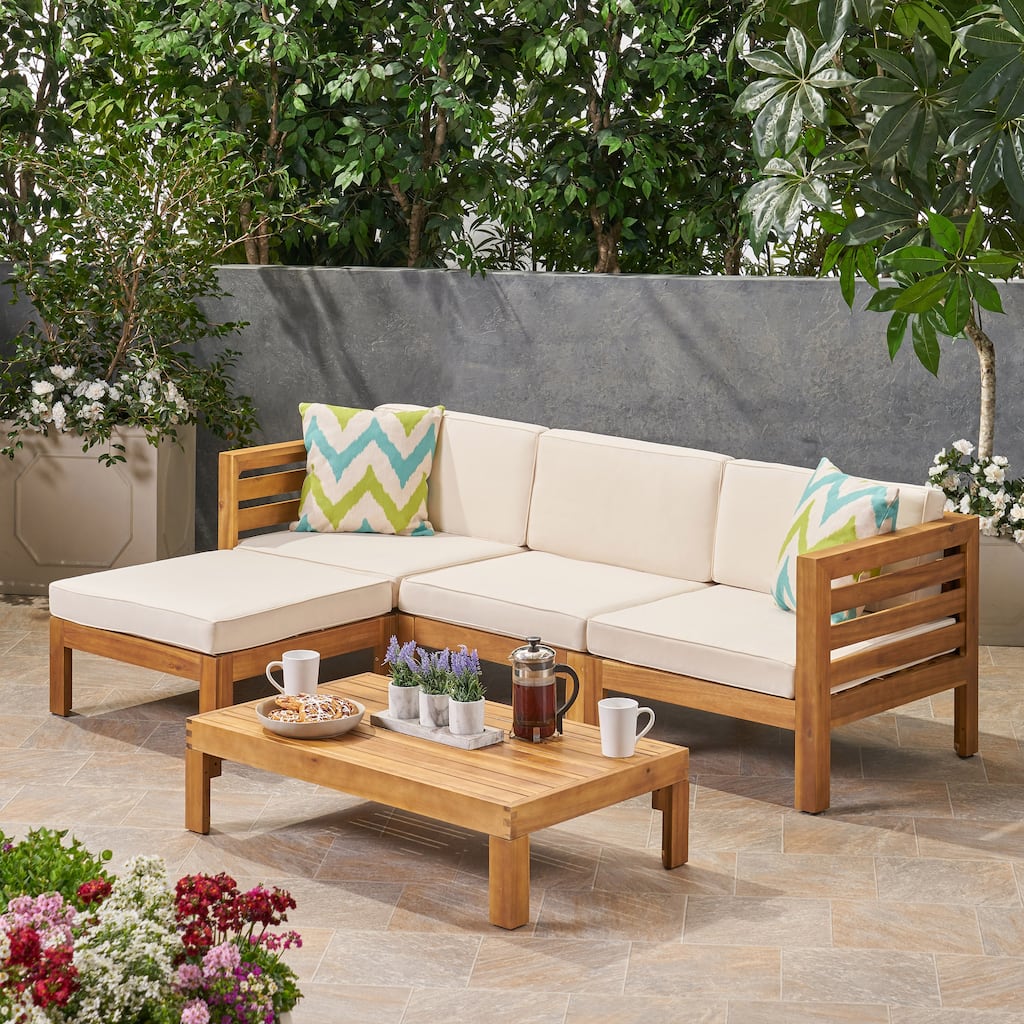 Outdoor Sectional L Shape Corner Sofa with Coffee Table, Acacia Wood
