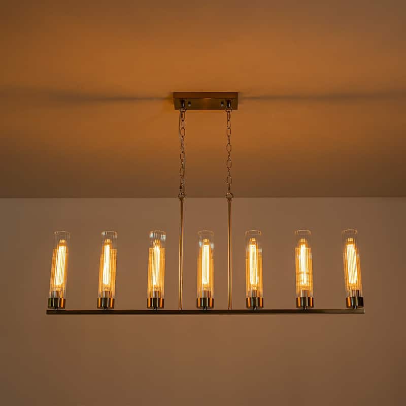 Modern 7-Light Linear Pendant Light with Clear Ribbed Glass