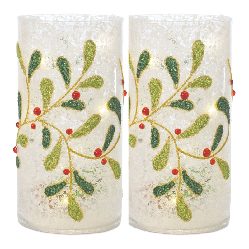 2 White & Green Beaded Mistletoe Glass Christmas C&le Holders 7.75"