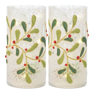 2 White & Green Beaded Mistletoe Glass Christmas C&le Holders 7.75"