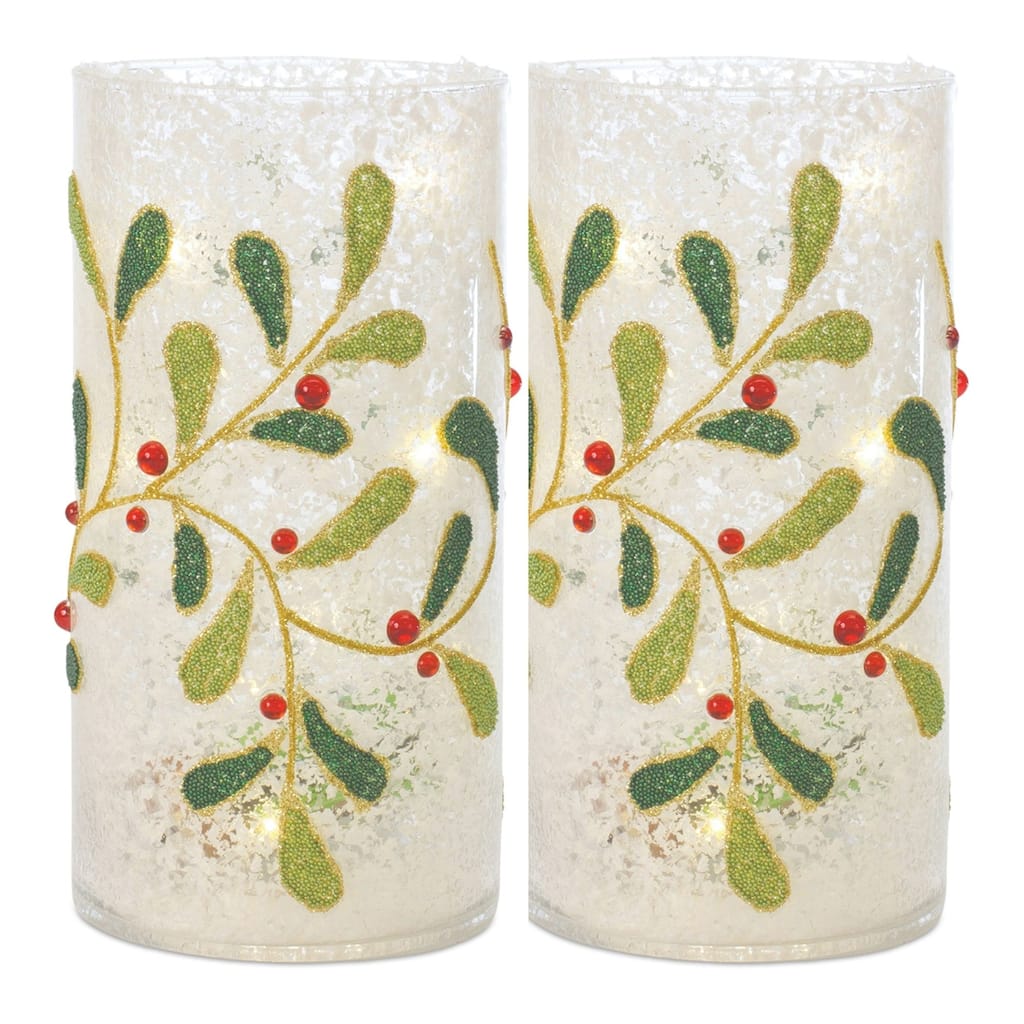 2 White & Green Beaded Mistletoe Glass Christmas C&le Holders 7.75"