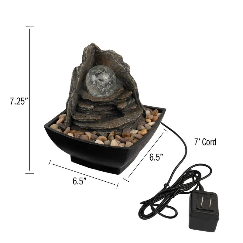 Rock Formation Tabletop Water Fountain with Rolling LED Light Glass Ball