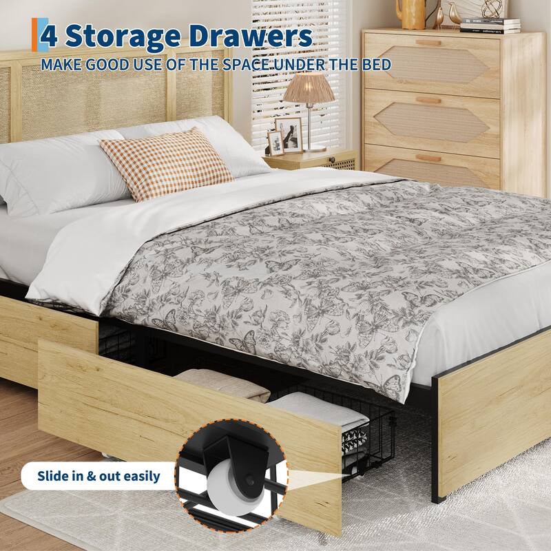 Boho Rattan Headboard Bed Frame with Under-Bed Storage, Sturdy Steel Base & Wooden Slats, No Box Spring Needed