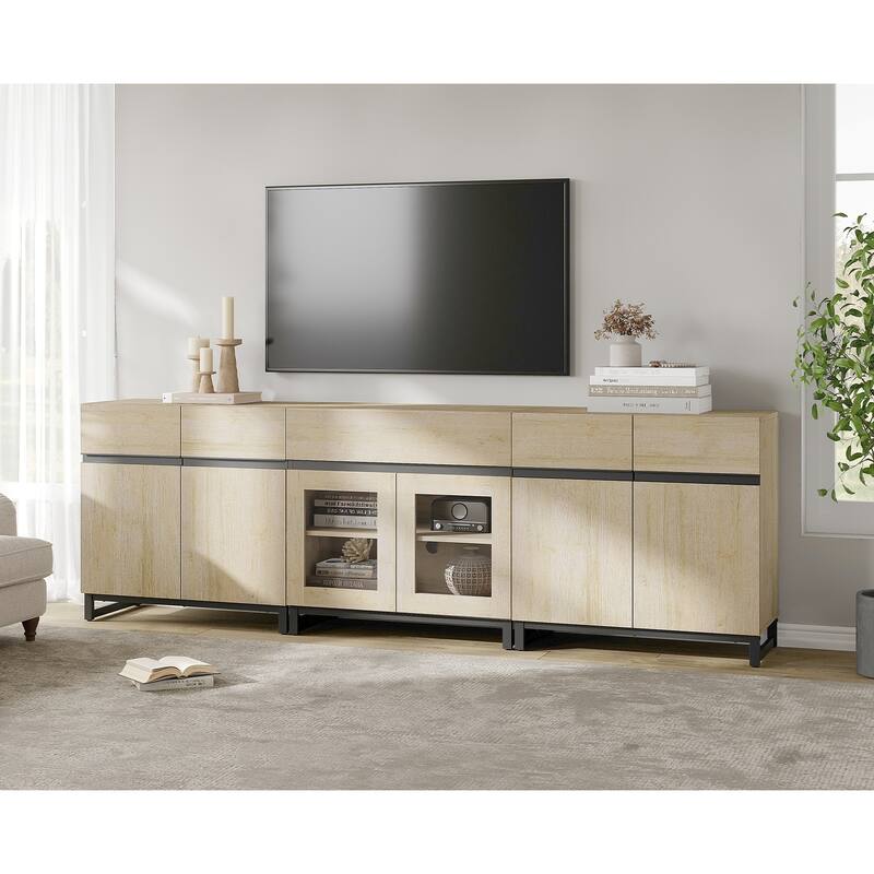 3 In 1 TV Stand for Tvs Up to 100 Inch, TV Console with Glass Doors and Drawer, Entertainment Center for Living Room, Bedroom - 94.5 inches - Beige