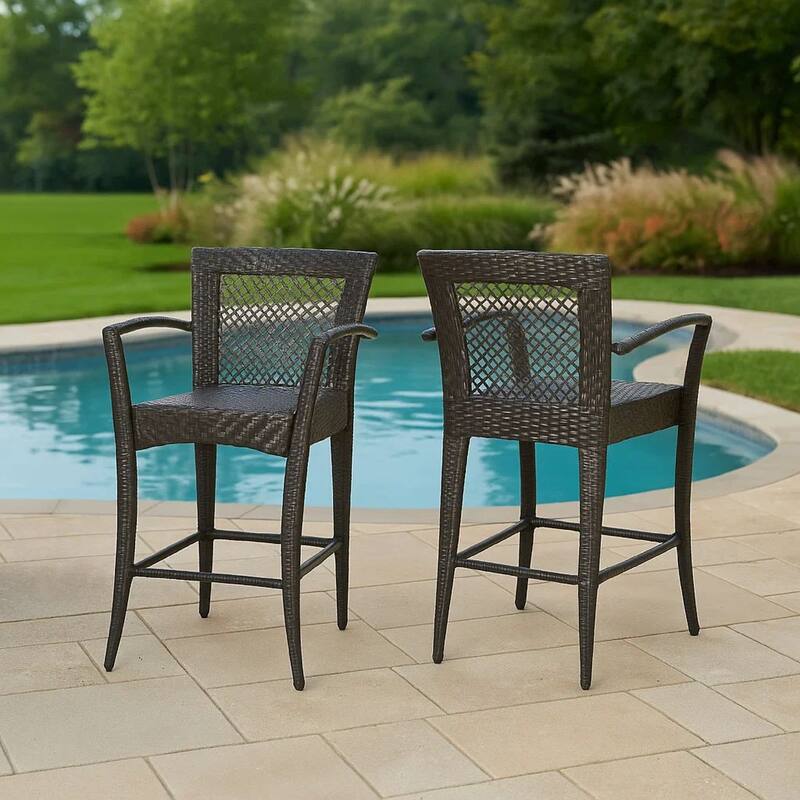Fela Outdoor Barstool Chair Set of 2, Wicker Woven, Brown Iron Frame