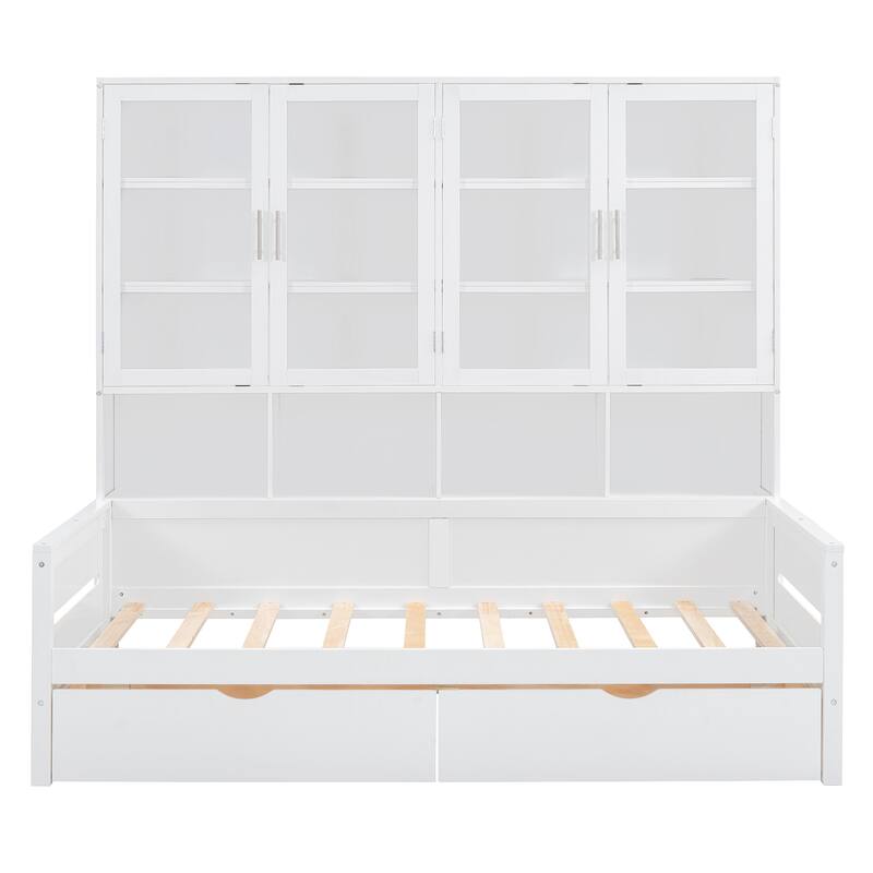 Roomfitters Wooden Daybed with Glass-Door Cabinets, Built-in Lighting and Storage Shelves