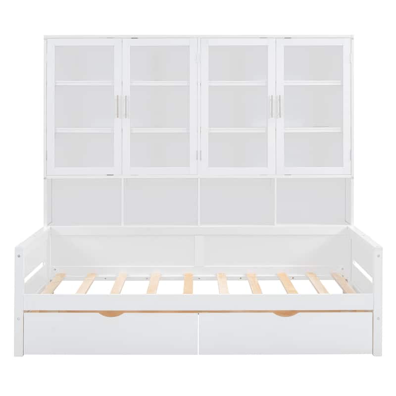 Twin Size Wooden Daybed with Glass-Door Storage Cabinets, Built-in LED Lighting and Shelves