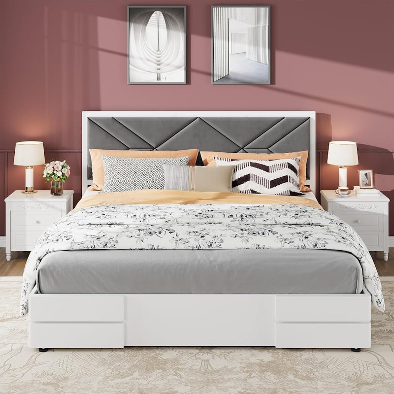 Wooden Bed Frame with Fabric Upholstered Headboard - Queen