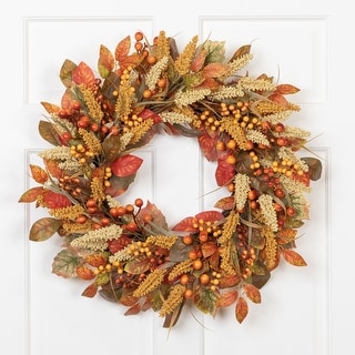 Autumn Leaves Grass Blades and Berries Artificial Fall Harvest Wreath ...