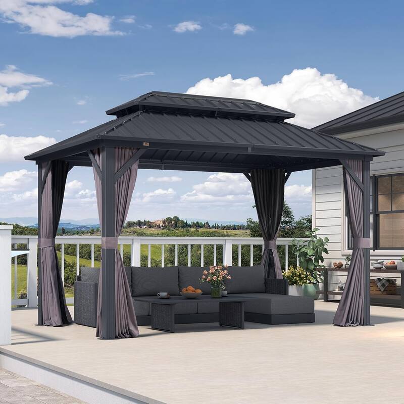PURPLE LEAF Gazebo Grey Outdoor with Dual-Layer Galvanized Steel Double Roof Aluminum Gazebo with Netting and Curtains