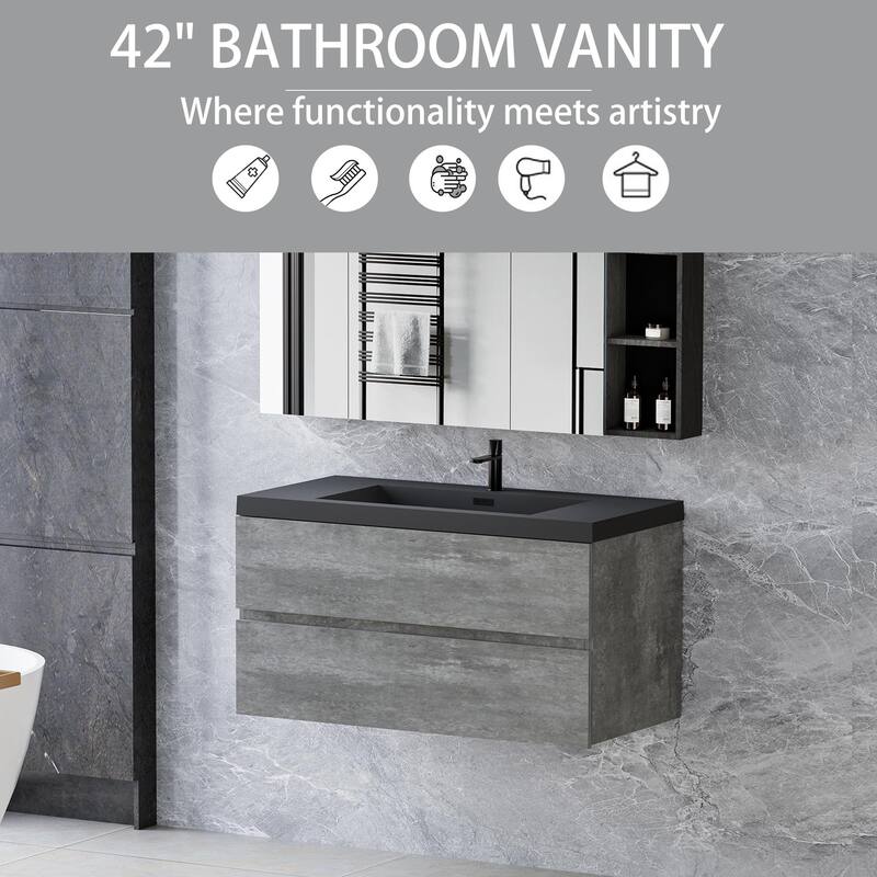 36" Wall-Mounted Floating Vanity with Premium Quartz Sand Basin, Grey Modern Storage Cabinet