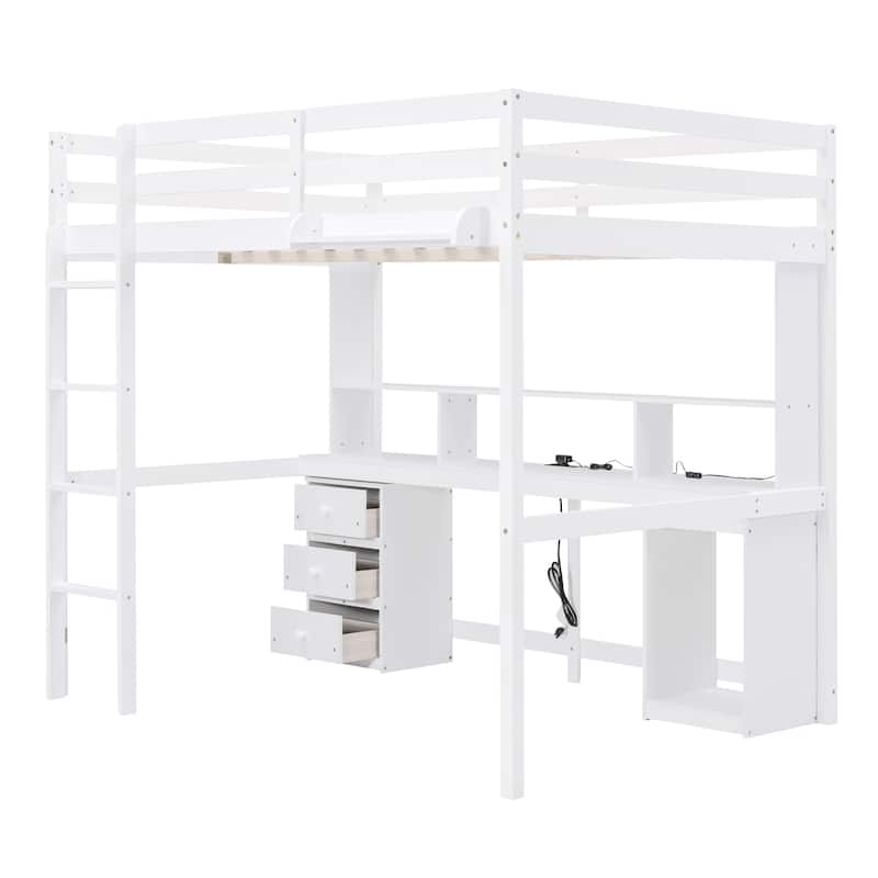 Twin/Full Size Loft Bed with Multi-storage Desk, LED light and Bedside Tray, Charging Station, White