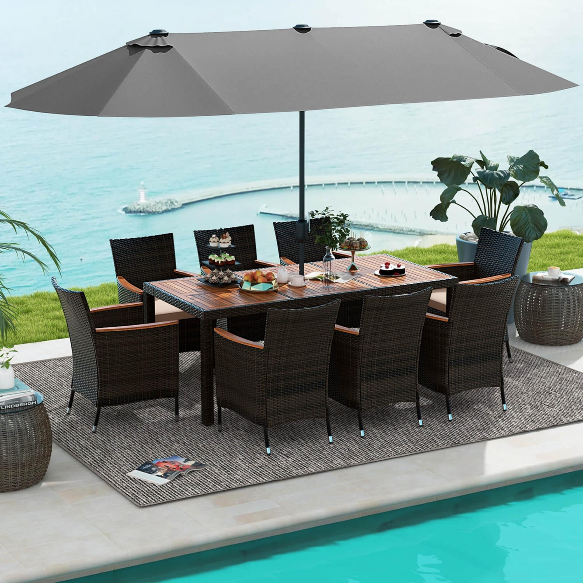 Costway 11 PCS Patio Dining Set with 15ft Double-Sided Patio Umbrella