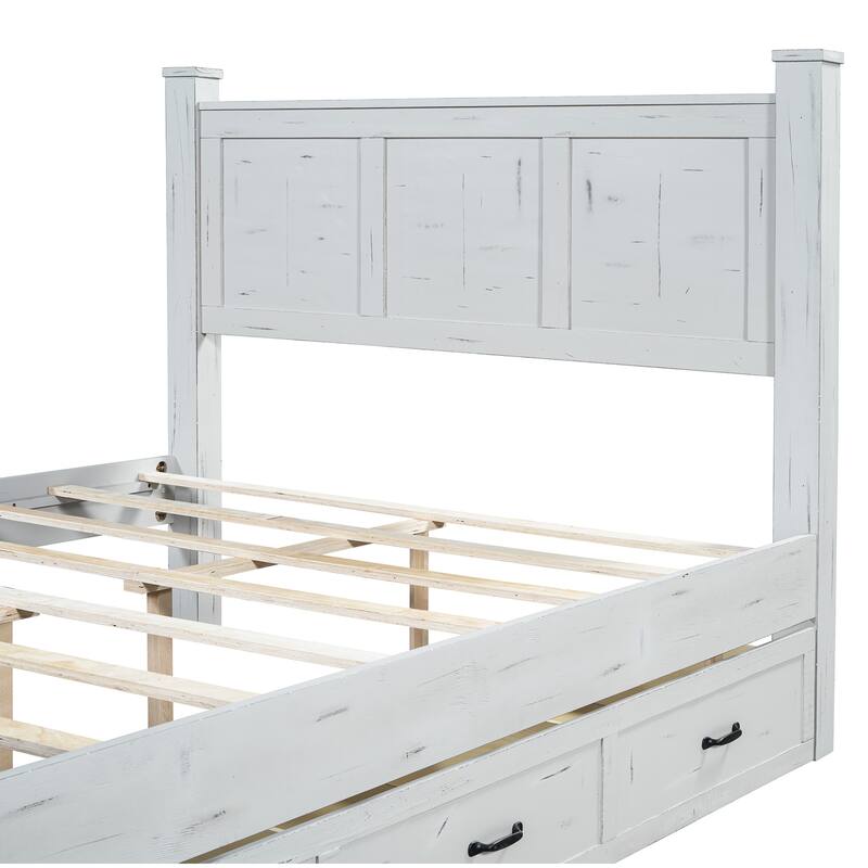 White Distressed Platform Bed Frame Wood Panel Bed w/ 3 Storage Drawers
