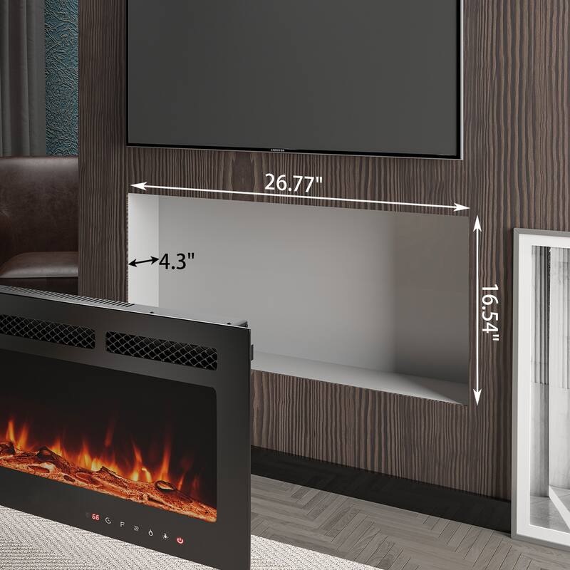 LED Recessed Electric Fireplace with 3 Top Light Colors, Remote Control, Adjustable Heating, and Touch Screen 1500W, Black
