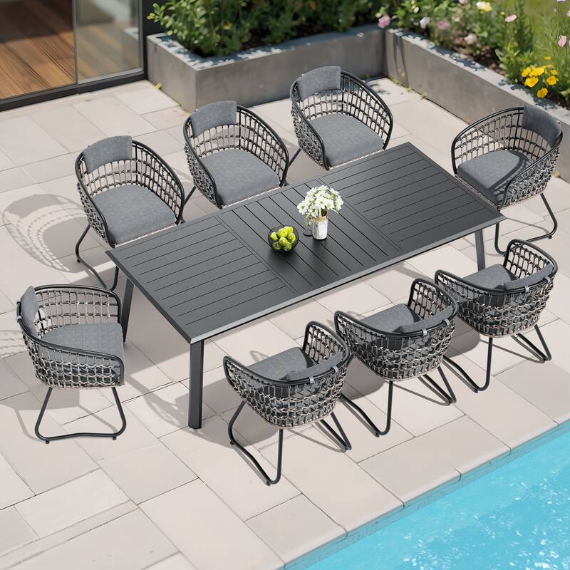 7/9/11-Piece Set Outdoor Aluminum Dining Table with Umbrella Hole and PE Rattan Chairs - Grey - Set of 9